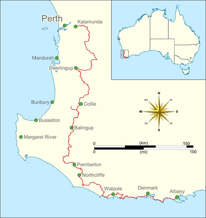 Bibbulmun Track route in the south west of Western Australia