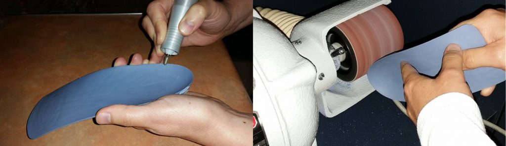 A podiatrist can grind the inside of the heel cup to make it less of an irritation; and the outside of the heel cup to make it thinner.