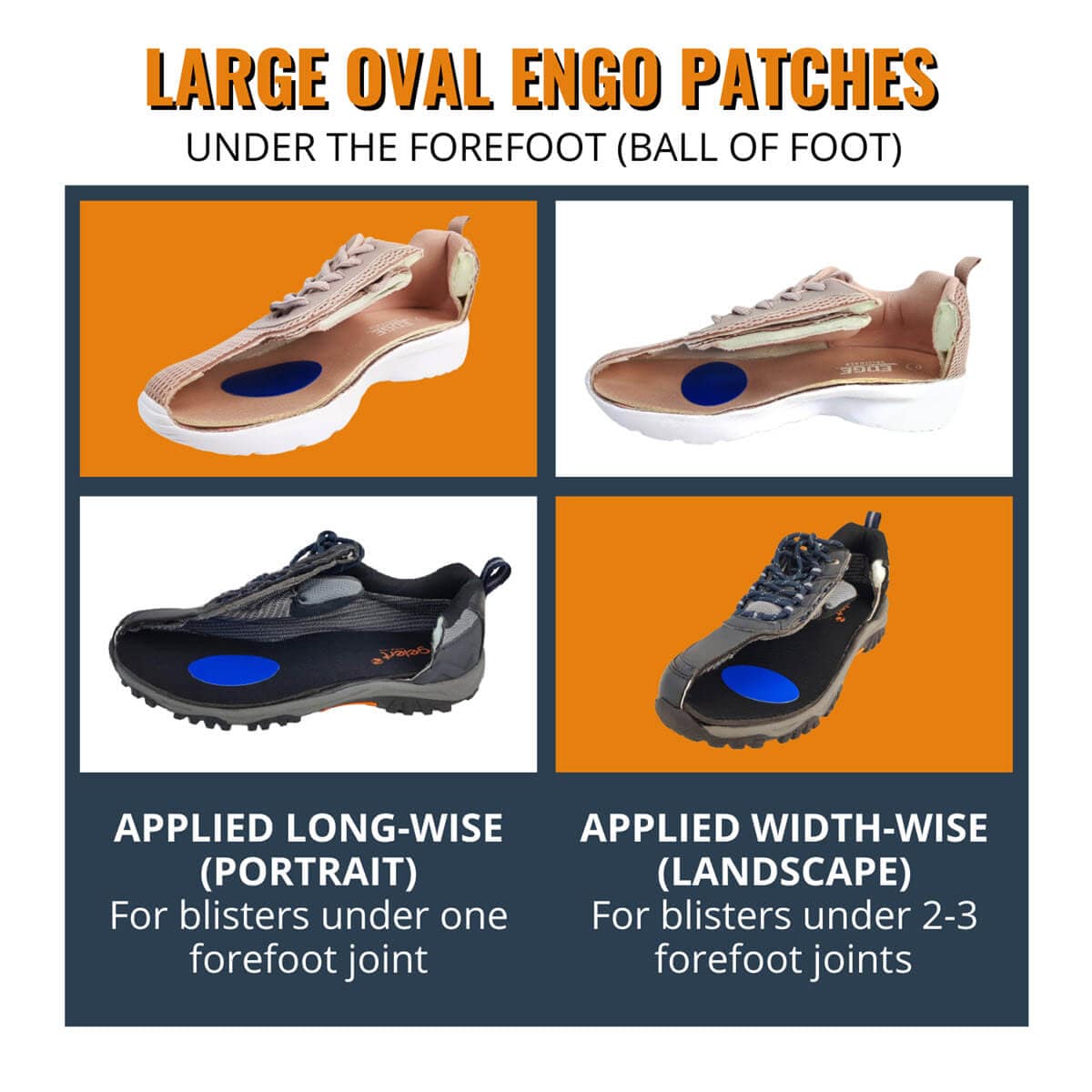 ENGO Blister Patches 4-Pack 6-Pack 30-Pack large oval patches applied to the insole for forefoot blisters