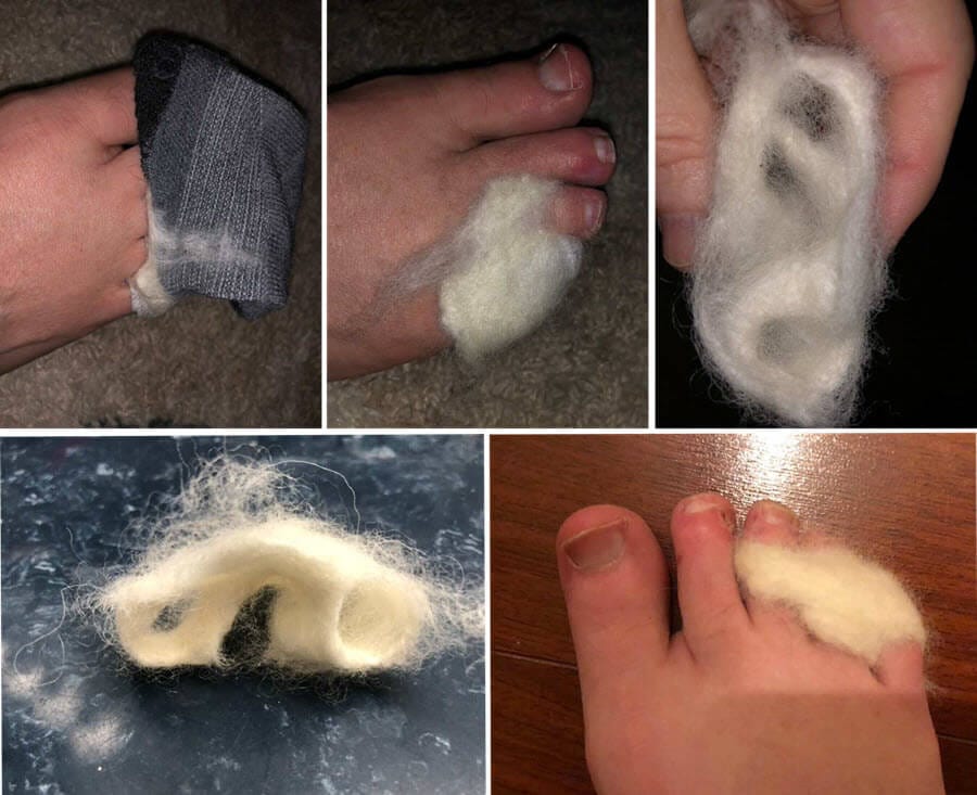 This is a 25 micron Merino wool. It tends to hold its shape and blend in with the fibres of the sock.
