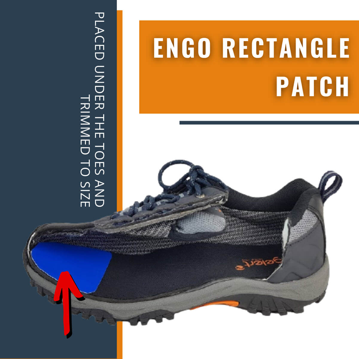 ENGO Blister Patches Rectangle Pack rectangle patch applied under the toes and trimmed to size side on