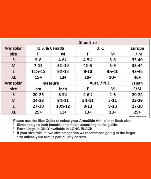 ArmaSkin Socks sizing chart
