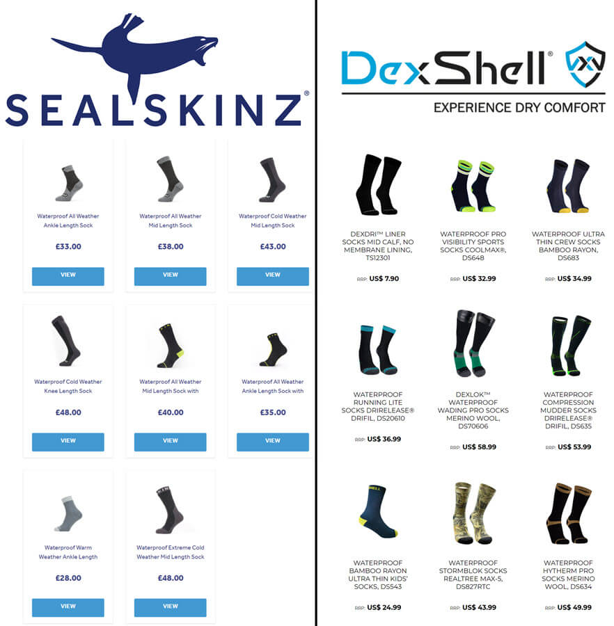 waterproof sock ranges from SealSkinz and DexShell